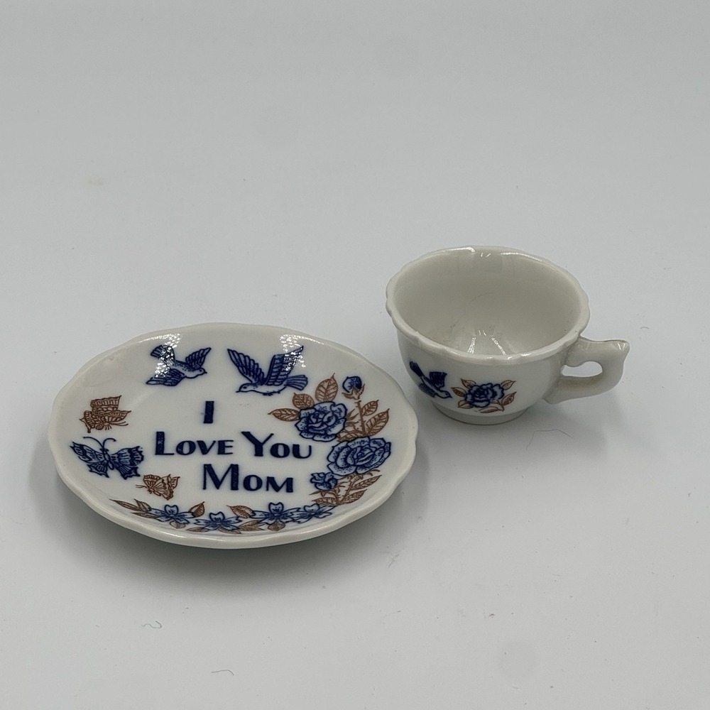 Vintage Doll House Miniature Ceramic Tea Cup Mug & Saucer Japan "I Love You Mom"